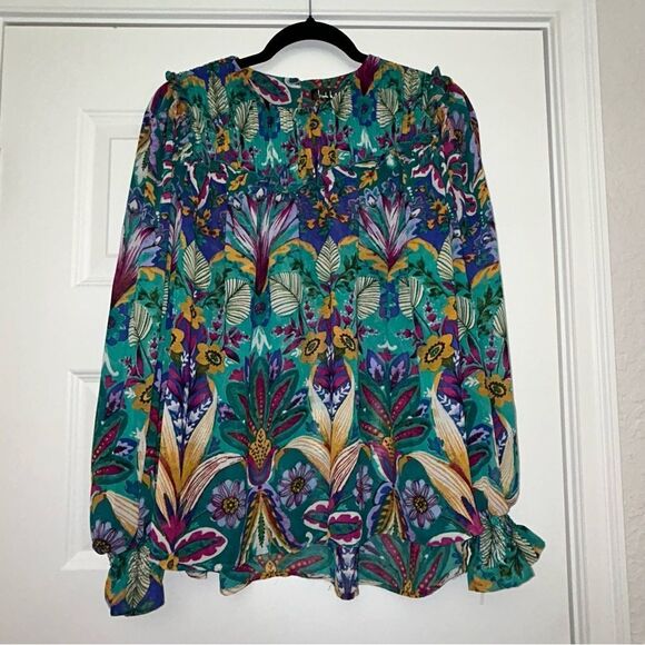 Nicole Miller Floral Print Bohemian Pleated Bib Shirt Blouse Top - Picture 6 of 14